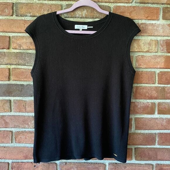 Calvin Klein Ribbed Cap Sleeve Knit Top Black Large - Picture 1 of 7